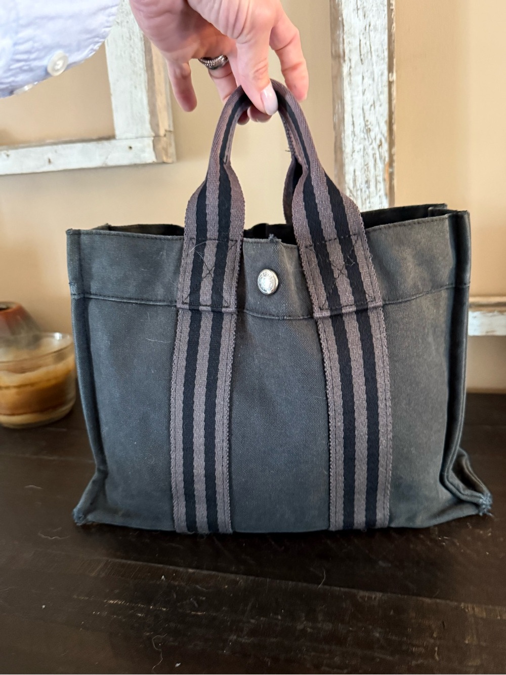 Hermes Mini Canvas Tote in Black and Gray Stripe Handles